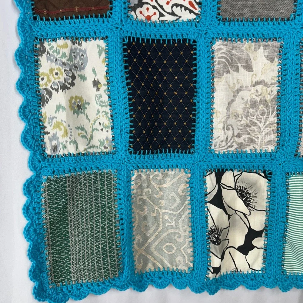 Handmade Patchwork Quilt Turquoise Crochet Border Eclectic Floral 62x43